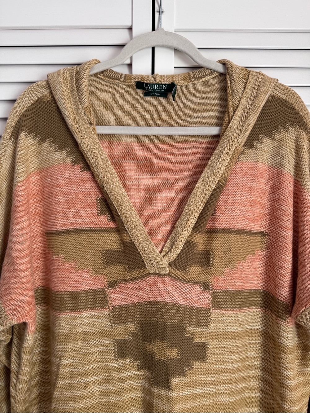 Lauren Ralph Lauren Linen Cotton Aztec Pullover Hoodie Sweater Fringe XL - Picture 3 of 8